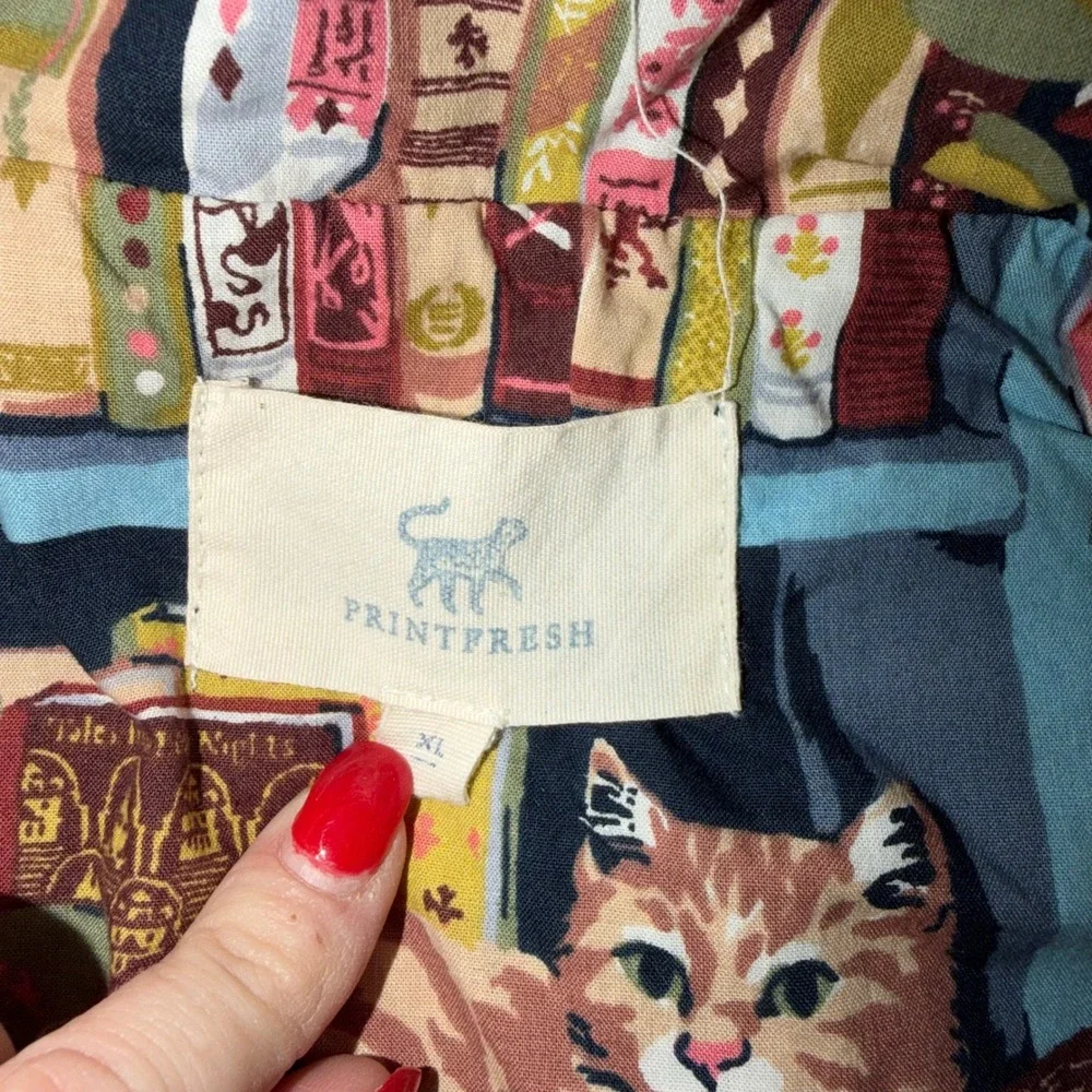Printfresh Library Cats Pajama Set XL Blue Cotton Bookshelf Long Sleeve PJ Set